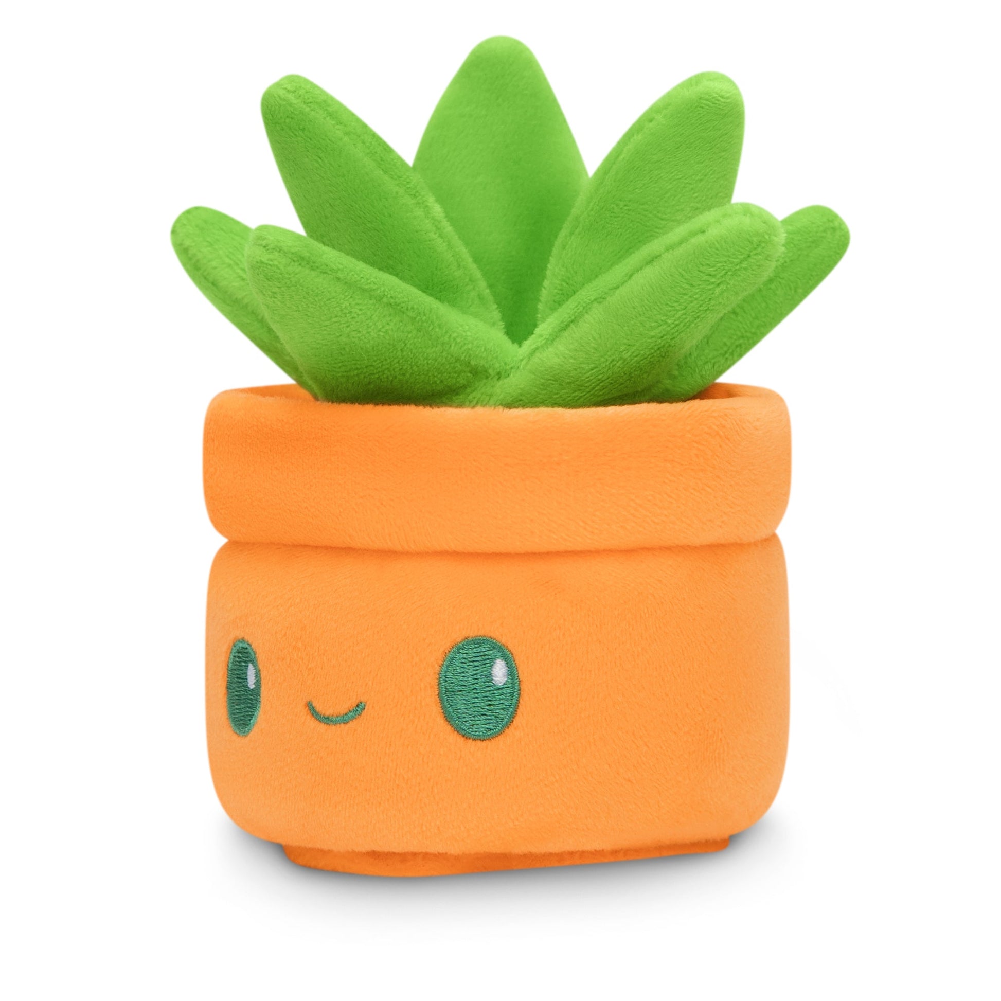 A Gardening Succulent Plushie Tote Bag with green eyes in a pot, perfect for storing small items.