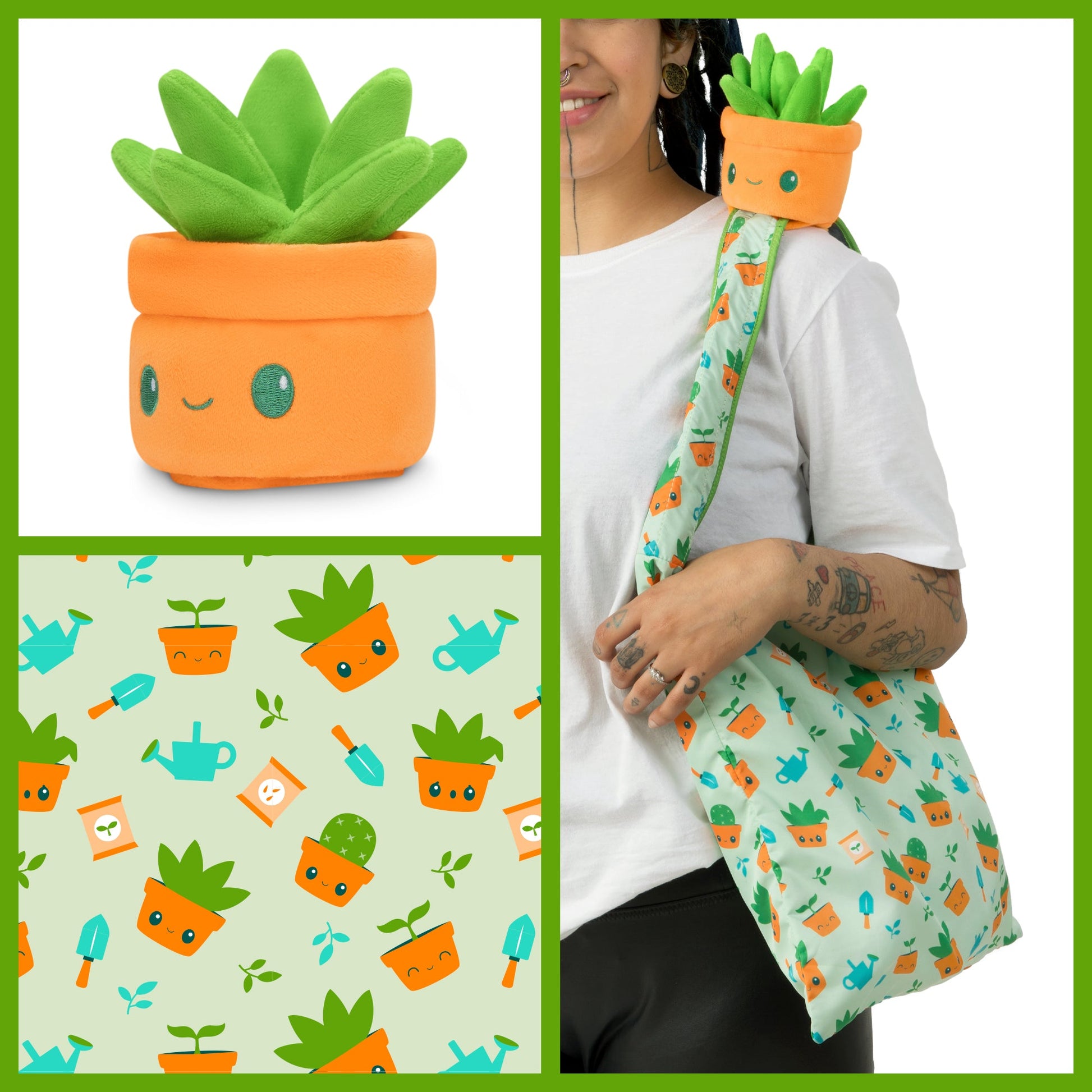 A woman is carrying a TeeTurtle Gardening Succulent Plushie Tote Bag with a potted plant inside.