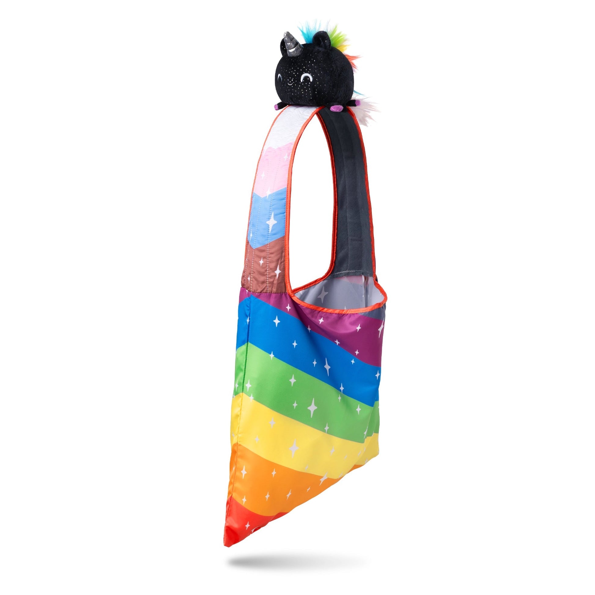 Sure, here's the revised sentence:

A rainbow-colored Plushiverse Unicorn Pride Plushie Tote Bag by TeeTurtle with a plush black unicorn head attached at the top, featuring colorful accents and small sparkling details, crafted from recycled plastic bottles.