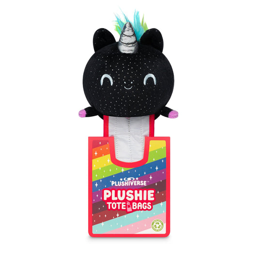 A Plushiverse Unicorn Pride Plushie Tote Bag from TeeTurtle is inside a vibrant, striped plush tote bag made from recycled plastic bottles.