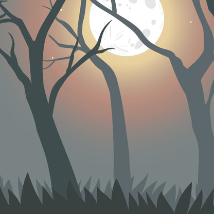 A full moon in a dark forest with trees and TeeTurtle Forest Wolf Plushie Tote Bags.