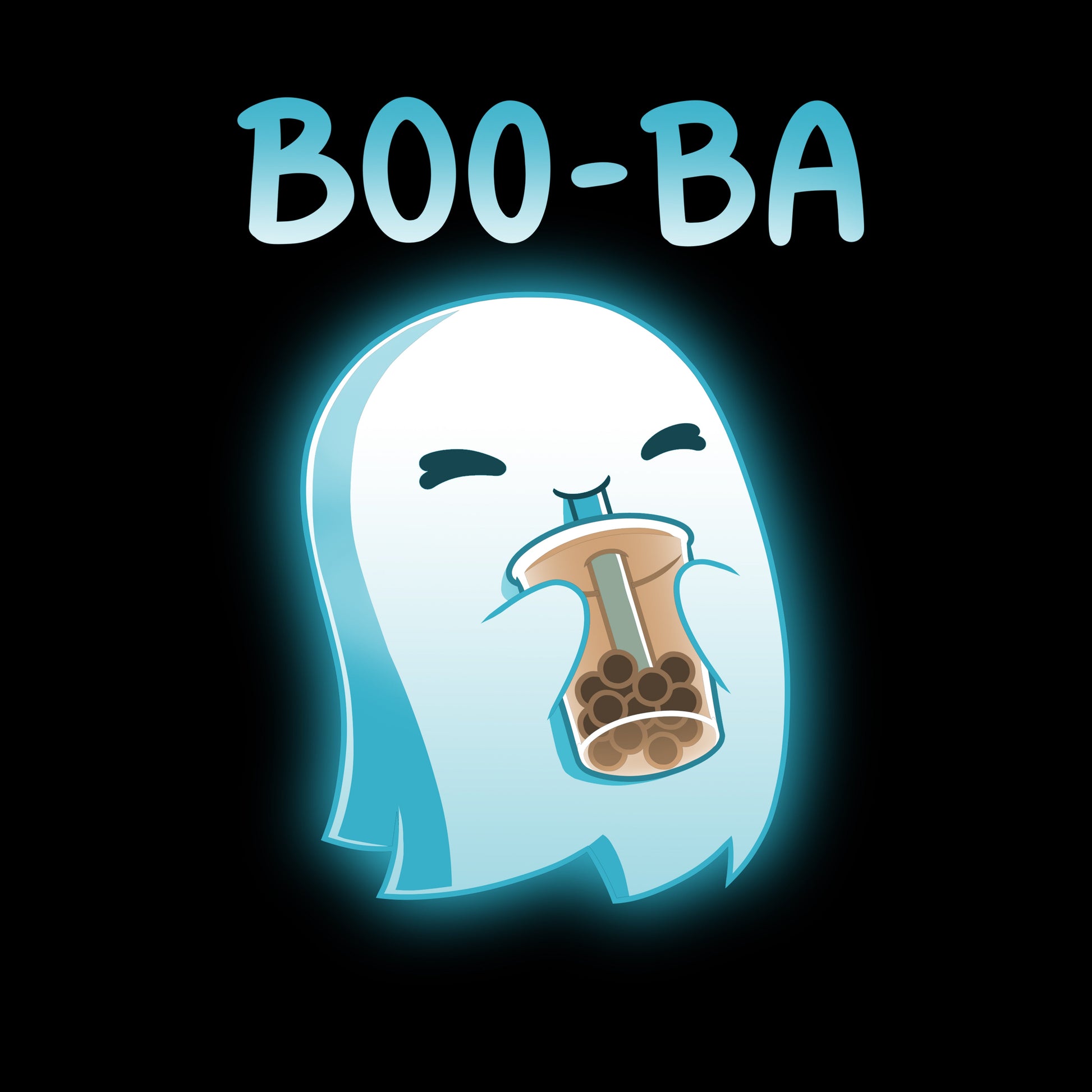 Premium Cotton T-shirt_TeeTurtle Boo-ba black t-shirt featuring a cheerful ghost sipping a boba drink.