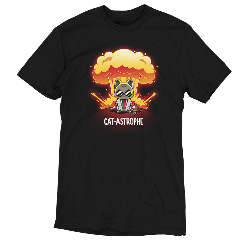 Premium Cotton T-shirt_Teeturtle Cat-Astrophe black t-shirt featuring a sunglasses-wearing cat in a lab coat surrounded by broken vials and lab beakers with a mushroom cloud explosion behind and the word "Cat-Astrophe" written underneath.