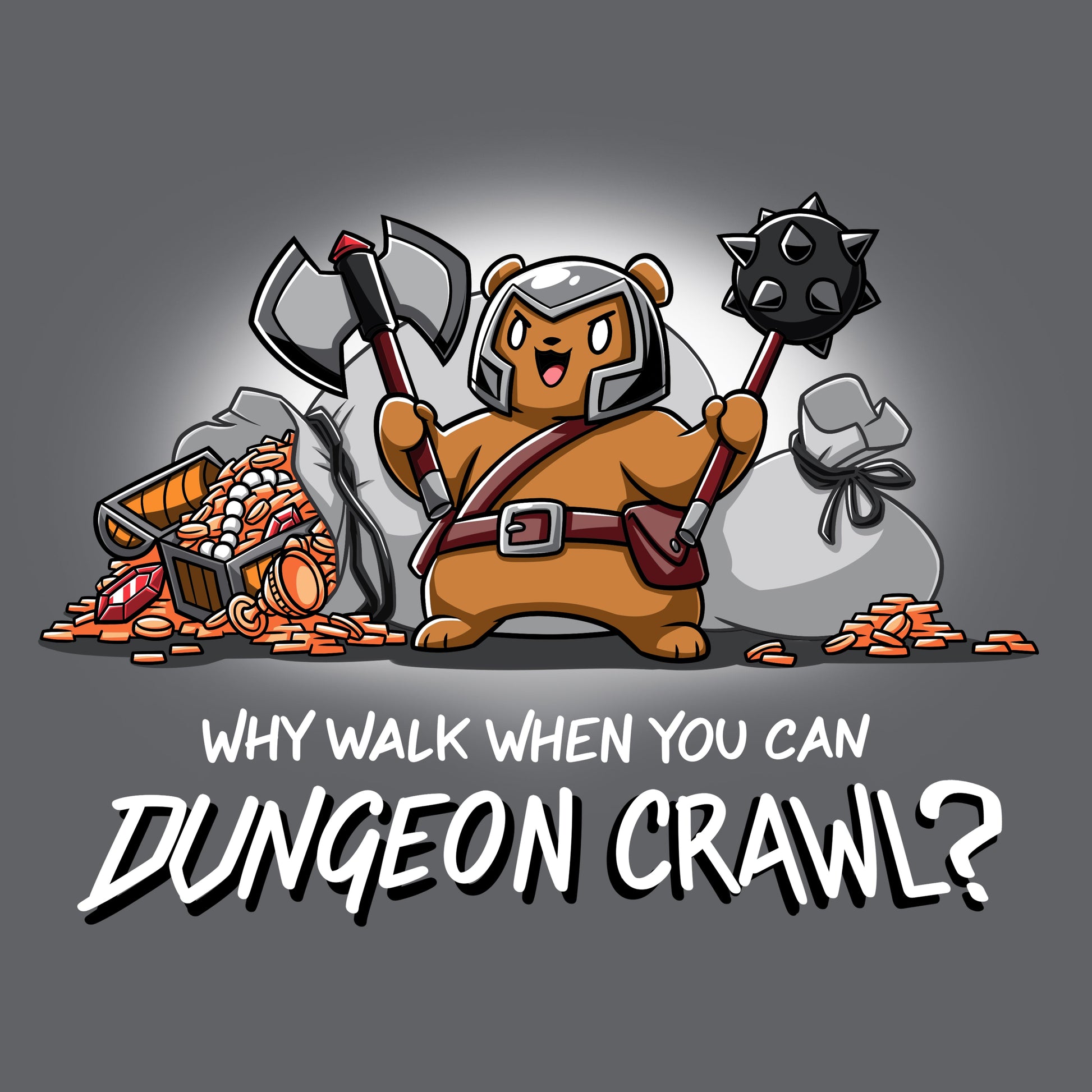 Premium Cotton T-shirt_TeeTurtle charcoal gray Dungeon Crawl Premium Cotton T-shirt featuring a bear warrior surrounded by dungeon loot.