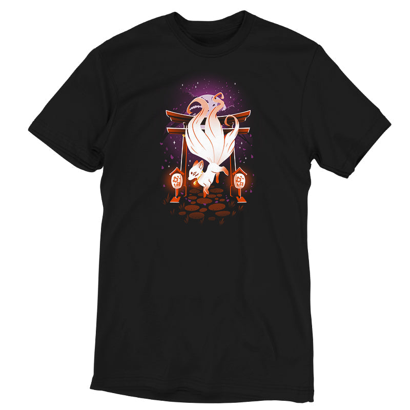 Premium Cotton T-shirt_TeeTurtle black Enchanting Kitsune. Featuring a white kitsune in front of a Japanese temple gate.