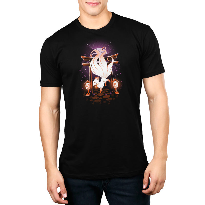 Premium Cotton T-shirt_TeeTurtle black Enchanting Kitsune. Featuring a white kitsune in front of a Japanese temple gate.