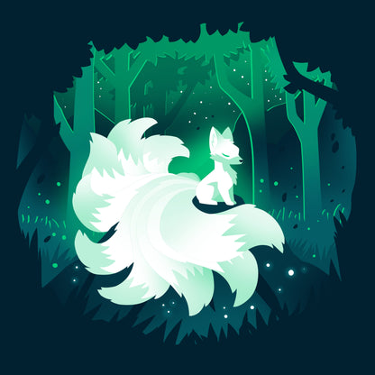 Premium Cotton T-shirt_TeeTurtle Forest Kitsune navy blue t-shirt featuring a glowing kitsune sitting on rock in nature.