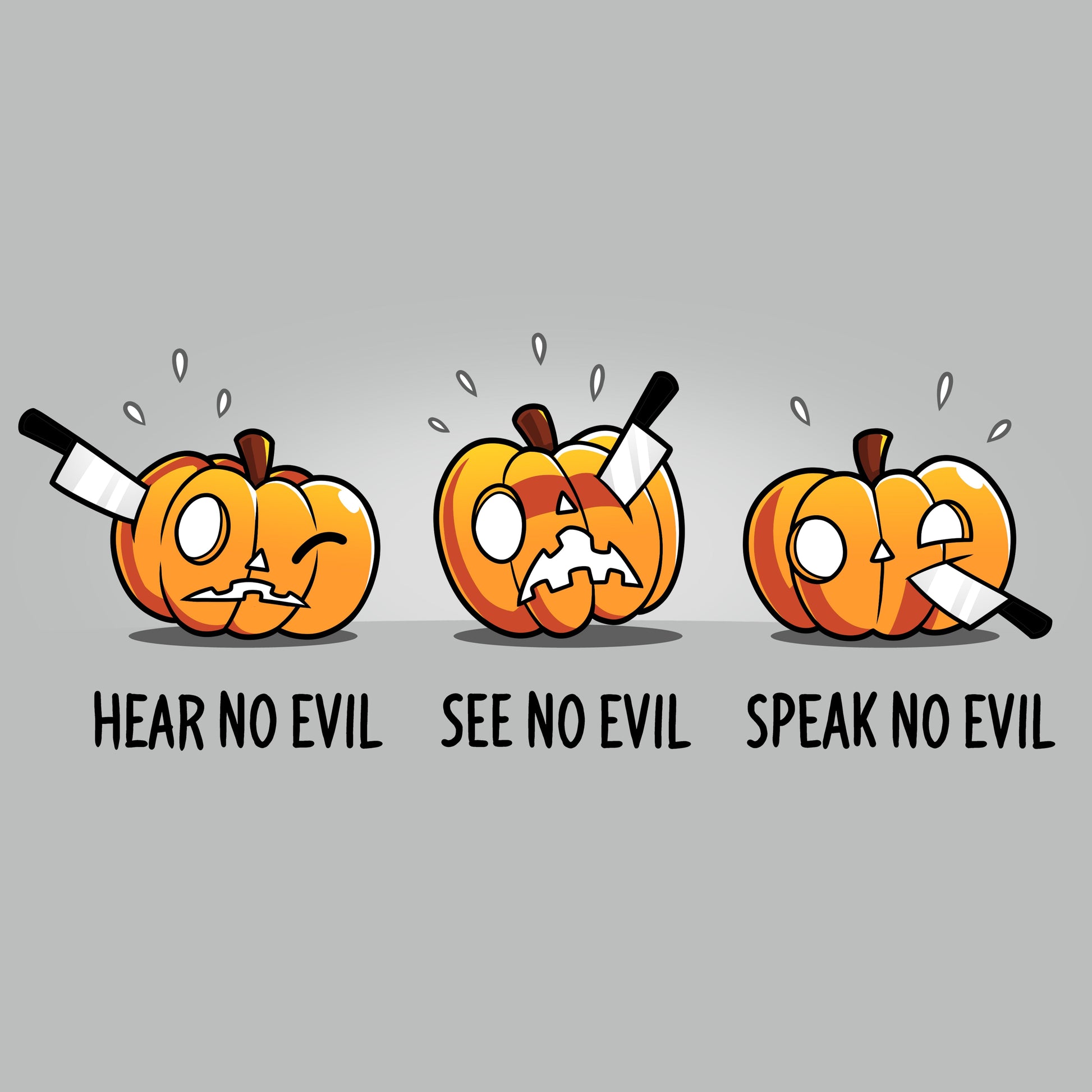 Premium Cotton T-shirt_TeeTurtle Hear No Evil, See No Evil, Speak No Evil silver gray t-shirt featuring three pumpkins with knives in each. One is getting its ears carved, the second is getting its eyes carved, and the third is getting its mouth carved.