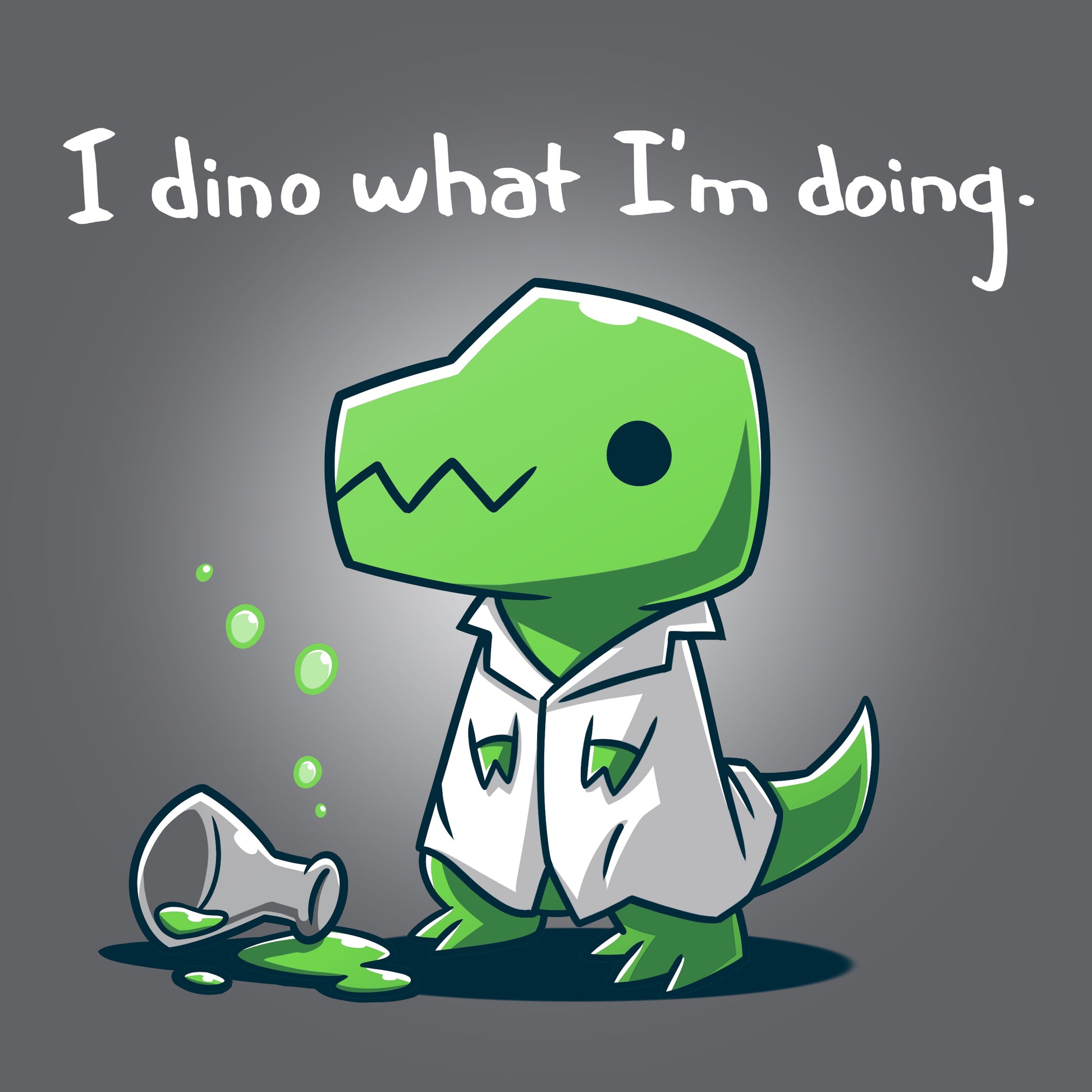 Premium Cotton T-shirt_TeeTurtle I Dino What I'm Doing charcoal grey t-shirt featuring a dinosaur wearing a lab coat with a spilled beaker.