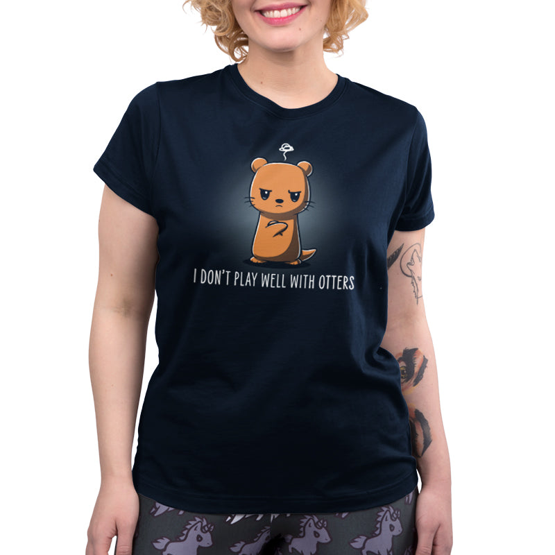 Premium Cotton T-shirt_TeeTurtle I Don't Play Well With Otters V1 navy blue t-shirt featuring a cartoon otter who stands with an angry expression and crossed arms with the caption "I don't play well with otters".