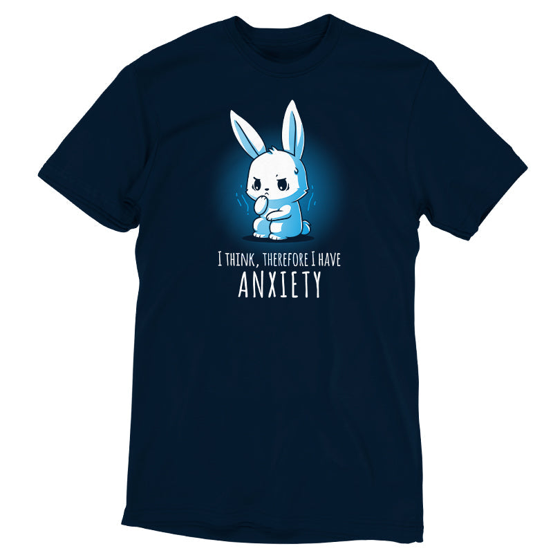 Premium Cotton T-shirt_TeeTurtle navy blue I Think, Therefore I Have Anxiety. Featuring an over-thinking, anxious bunny.