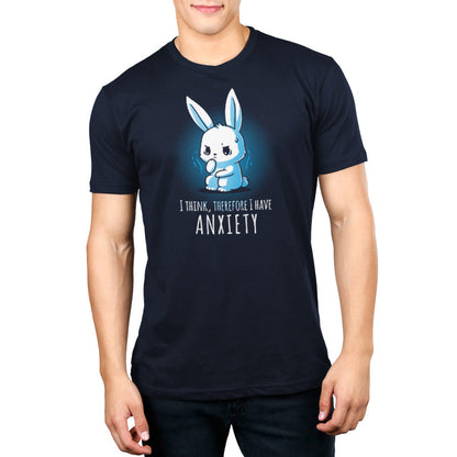 Premium Cotton T-shirt_TeeTurtle navy blue I Think, Therefore I Have Anxiety. Featuring an over-thinking, anxious bunny.