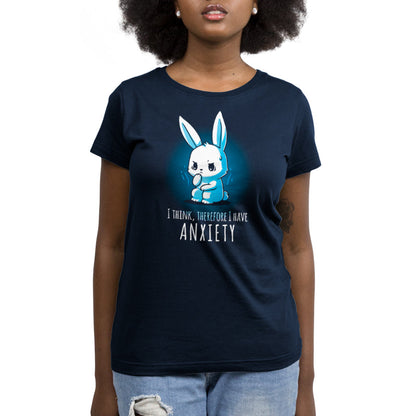 Premium Cotton T-shirt_TeeTurtle navy blue I Think, Therefore I Have Anxiety. Featuring an over-thinking, anxious bunny.