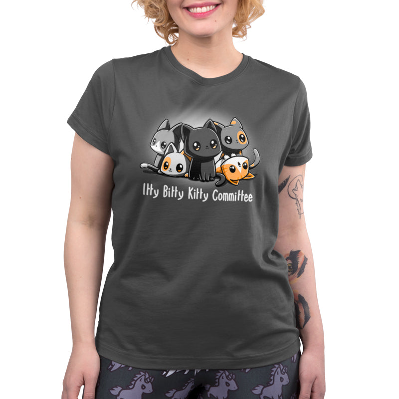 Premium Cotton T-shirt_TeeTurtle Itty Bitty Kitty Committee Charcoal Gray t-shirt featuring five cartoon kittens with large eyes sitting and lying down together with the text "Itty Bitty Kitty Committee" below them.