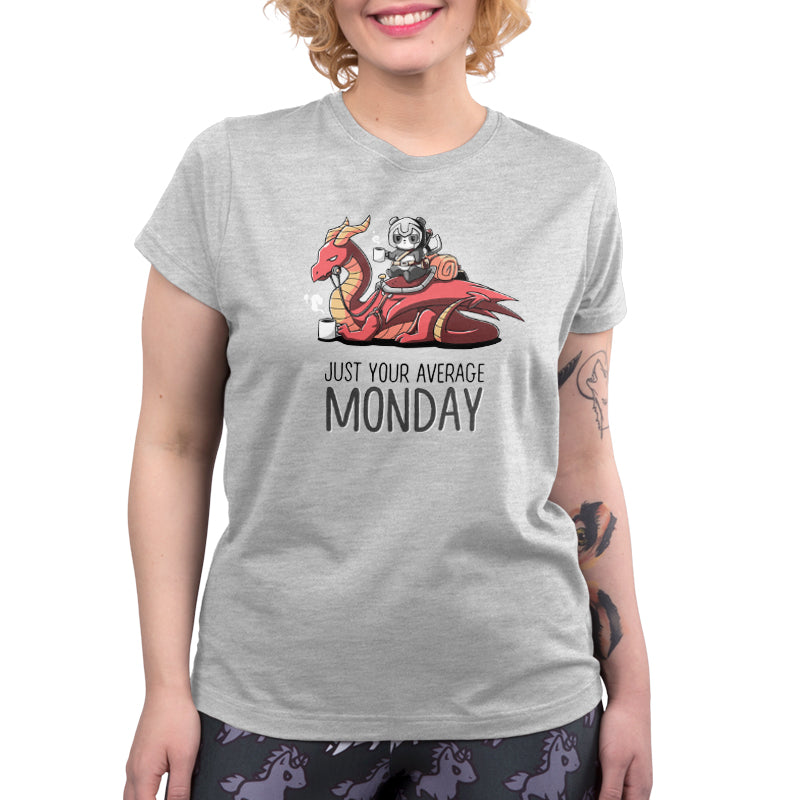 Premium Cotton T-shirt_Teeturtle Just Your Average Monday silver gray t-shirt featuring an adventurous panda with a cup of coffee riding on a dragon that is also holding a cup of coffee, the image set over the words "Just Your Average Monday."