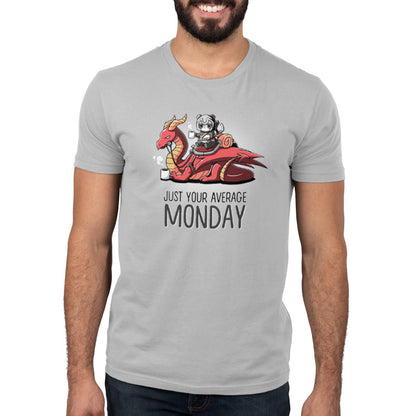 Premium Cotton T-shirt_Teeturtle Just Your Average Monday silver gray t-shirt featuring an adventurous panda with a cup of coffee riding on a dragon that is also holding a cup of coffee, the image set over the words "Just Your Average Monday."