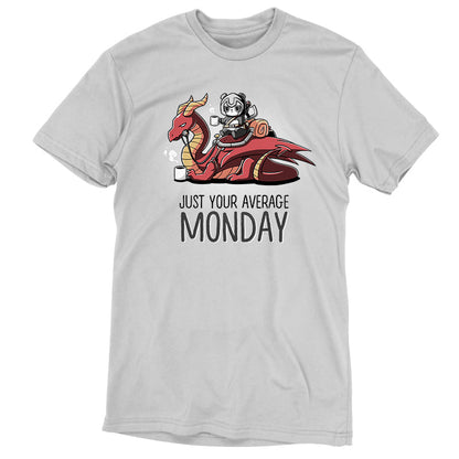 Premium Cotton T-shirt_Teeturtle Just Your Average Monday silver gray t-shirt featuring an adventurous panda with a cup of coffee riding on a dragon that is also holding a cup of coffee, the image set over the words "Just Your Average Monday."