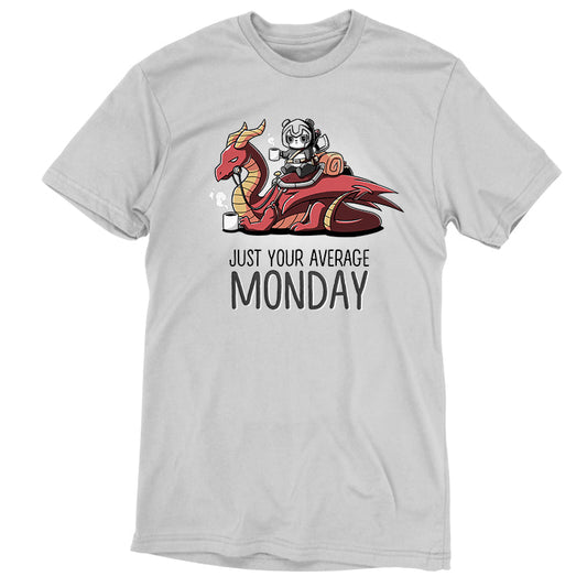 Premium Cotton T-shirt_Teeturtle Just Your Average Monday silver gray t-shirt featuring an adventurous panda with a cup of coffee riding on a dragon that is also holding a cup of coffee, the image set over the words 