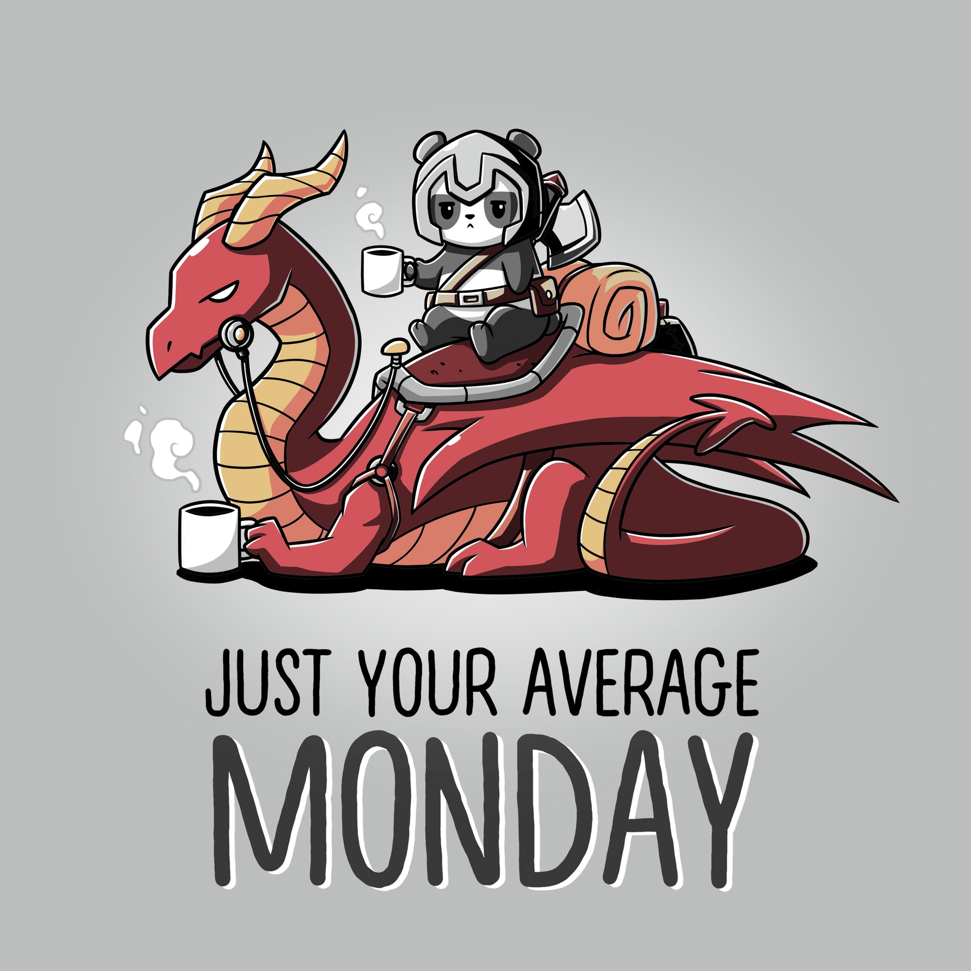 Premium Cotton T-shirt_Teeturtle Just Your Average Monday silver gray t-shirt featuring an adventurous panda with a cup of coffee riding on a dragon that is also holding a cup of coffee, the image set over the words "Just Your Average Monday."