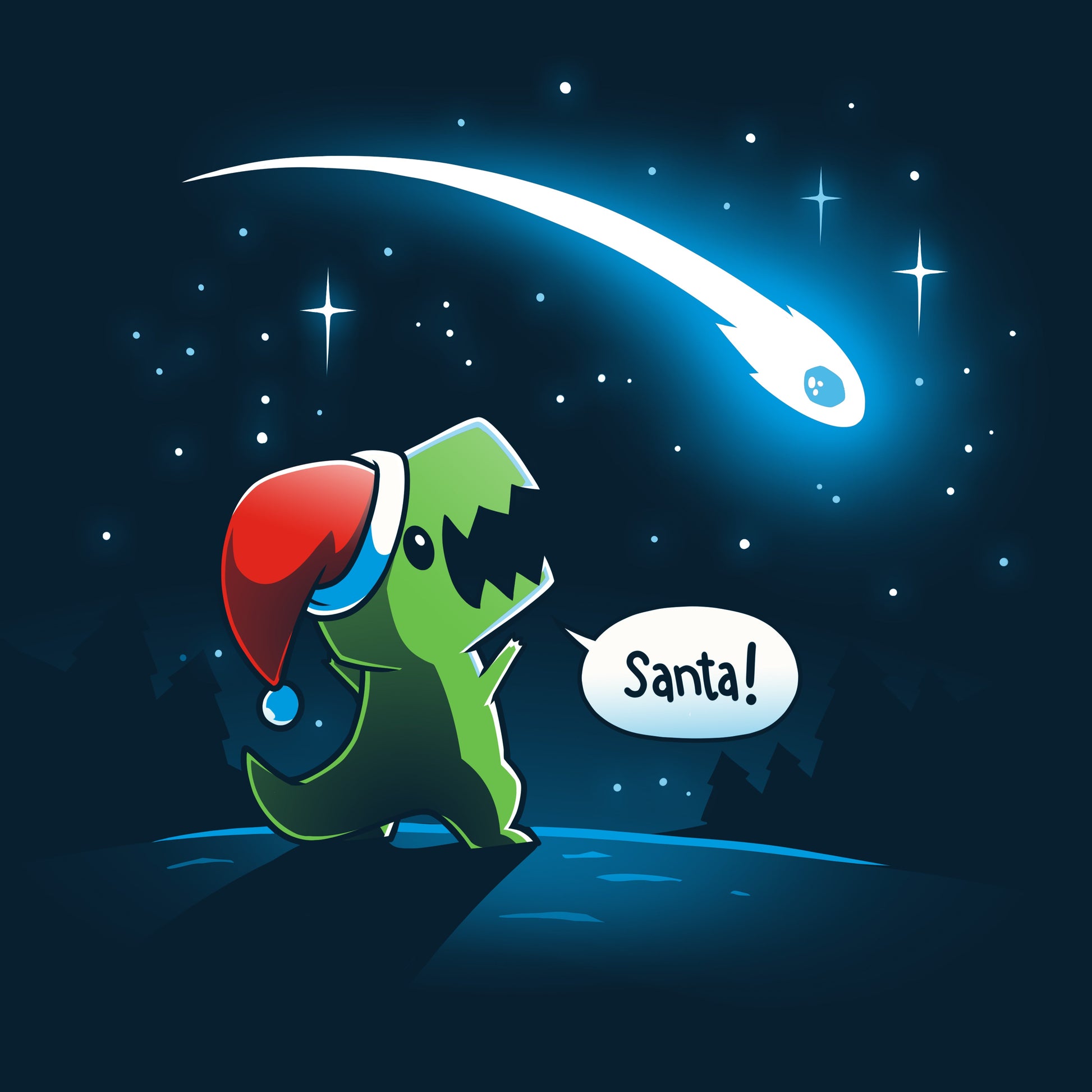 Premium Cotton T-shirt_TeeTurtle Look, Santa! navy blue t-shirt featuring a dinosaur with a Christmas santa hat on looking at a meteor, shouting “Santa!”