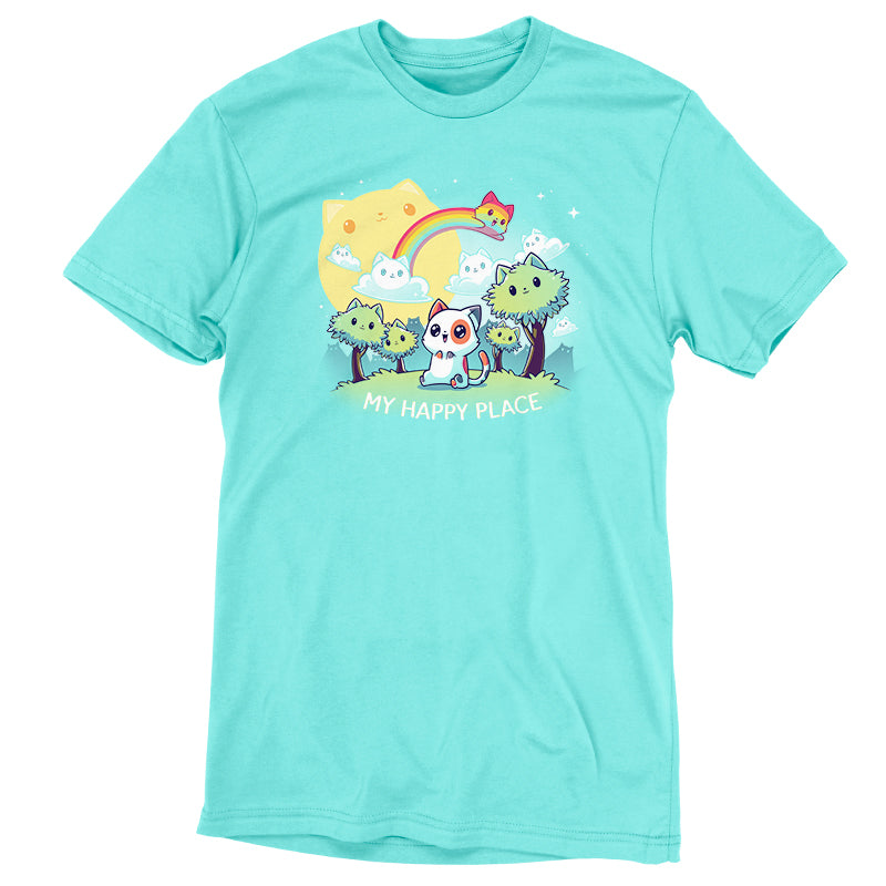 Premium Cotton T-shirt_TeeTurtle My Happy Place (Cats) Caribbean Blue t-shirt featuring a cheerful cat with big smiling eyes sitting in a fantasy landscape with cat-shaped clouds, sun, rainbow, and trees all smiling. 