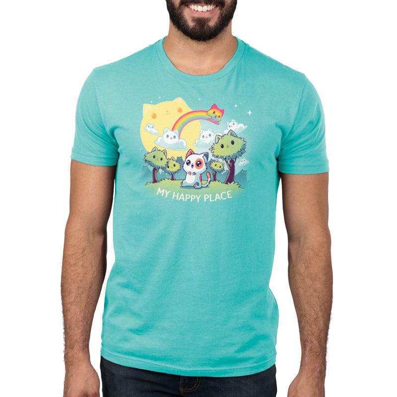 Premium Cotton T-shirt_TeeTurtle My Happy Place (Cats) Caribbean Blue t-shirt featuring a cheerful cat with big smiling eyes sitting in a fantasy landscape with cat-shaped clouds, sun, rainbow, and trees all smiling. 