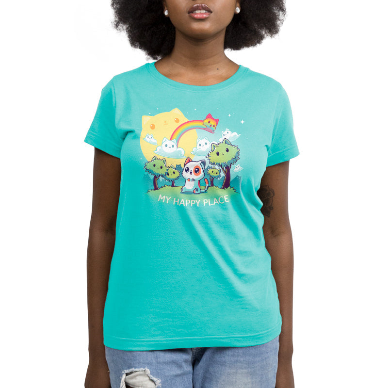 Premium Cotton T-shirt_TeeTurtle My Happy Place (Cats) Caribbean Blue t-shirt featuring a cheerful cat with big smiling eyes sitting in a fantasy landscape with cat-shaped clouds, sun, rainbow, and trees all smiling. 