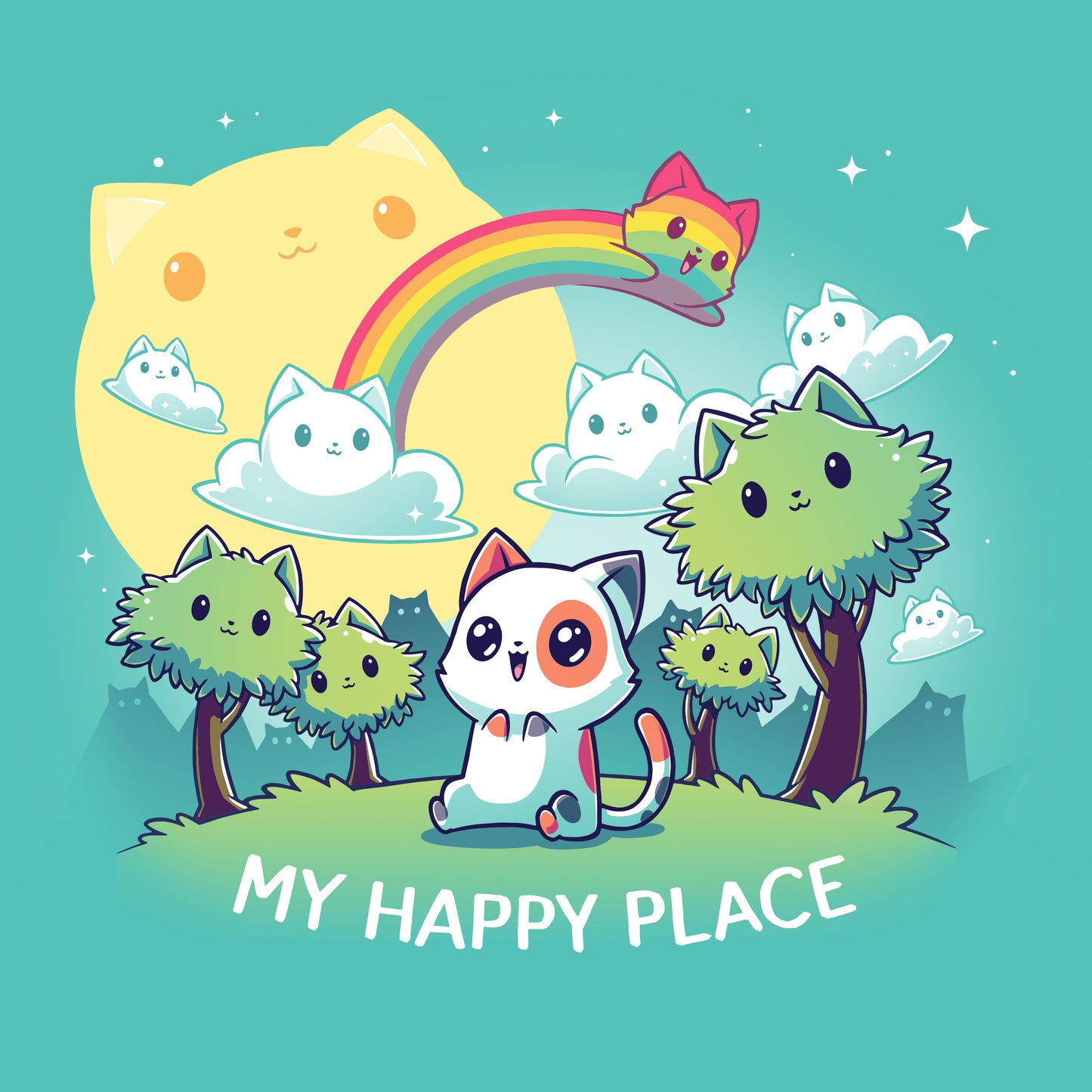 Premium Cotton T-shirt_TeeTurtle My Happy Place (Cats) Caribbean Blue t-shirt featuring a cheerful cat with big smiling eyes sitting in a fantasy landscape with cat-shaped clouds, sun, rainbow, and trees all smiling. 