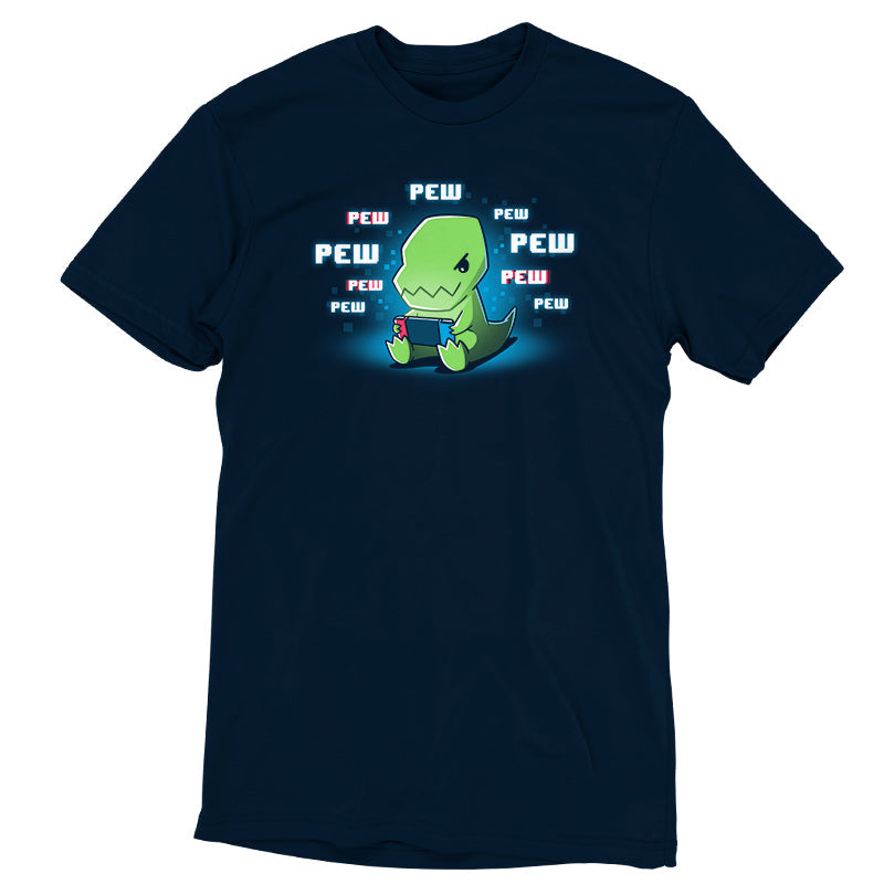 Premium Cotton T-shirt_TeeTurtle navy blue Pew Pew Dinosaur. Featuring a t-rex playing a video game on a handheld console.