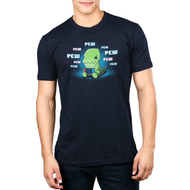 Premium Cotton T-shirt_TeeTurtle navy blue Pew Pew Dinosaur. Featuring a t-rex playing a video game on a handheld console.