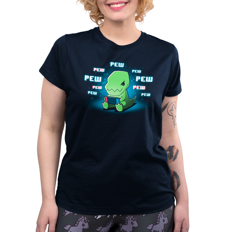 Premium Cotton T-shirt_TeeTurtle navy blue Pew Pew Dinosaur. Featuring a t-rex playing a video game on a handheld console.