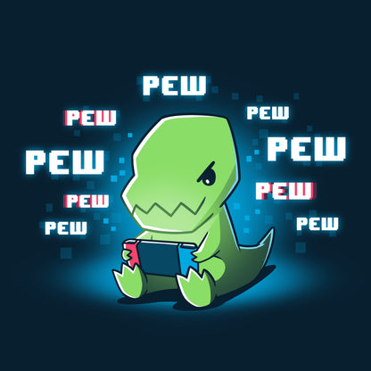 Premium Cotton T-shirt_TeeTurtle navy blue Pew Pew Dinosaur. Featuring a t-rex playing a video game on a handheld console.