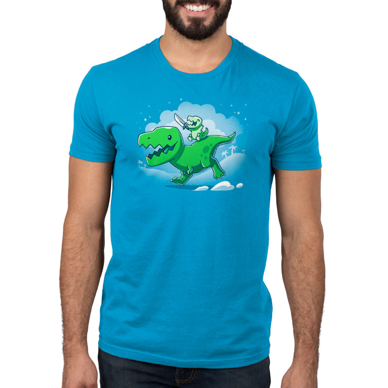 Premium Cotton T-shirt_Teeturtle Prehistoric Playtime Cobalt Blue Featuring a cartoon T-Rex giving a piggy-back ride to their child who's happily waving around a toy sword.