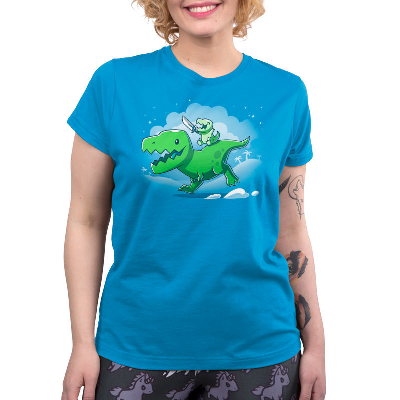 Premium Cotton T-shirt_Teeturtle Prehistoric Playtime Cobalt Blue Featuring a cartoon T-Rex giving a piggy-back ride to their child who's happily waving around a toy sword.