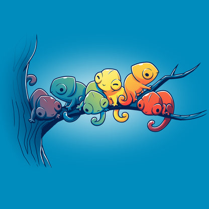 Premium Cotton T-shirt_Teeturtle Rainbow Chameleons Cobalt Blue Featuring a group of six chameleons relaxing on a tree branch, each a different color.