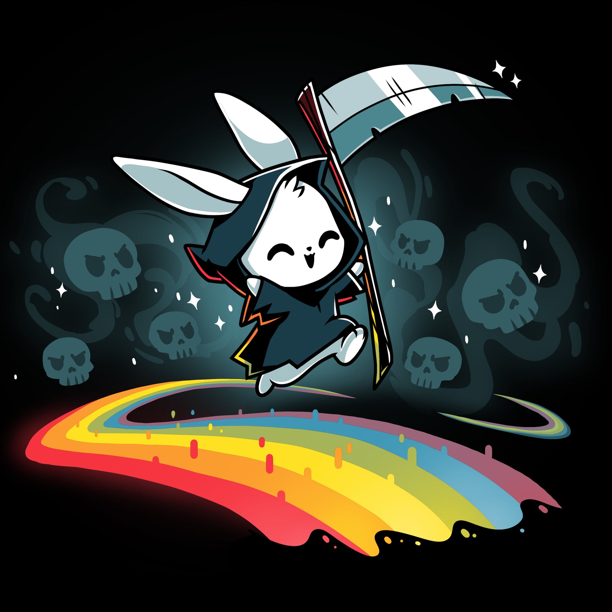 Premium Cotton T-shirt_TeeTurtle Rainbow Reaper black t-shirt featuring a grim reaper bunny smiling and hopping along a rainbow pathway with skulls and sparkles behind them