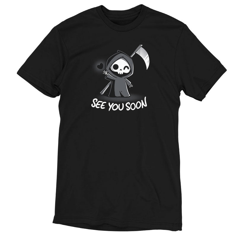 Premium Cotton T-shirt_TeeTurtle See You Soon black t-shirt featuring a spooky cartoon Grim Reaper holding a scythe, waving, and a floating black heart next to it, with the text below that says in dark humor "SEE YOU SOON". 