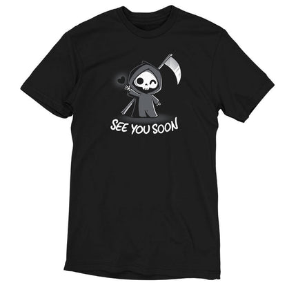 Premium Cotton T-shirt_TeeTurtle See You Soon black t-shirt featuring a spooky cartoon Grim Reaper holding a scythe, waving, and a floating black heart next to it, with the text below that says in dark humor "SEE YOU SOON". 