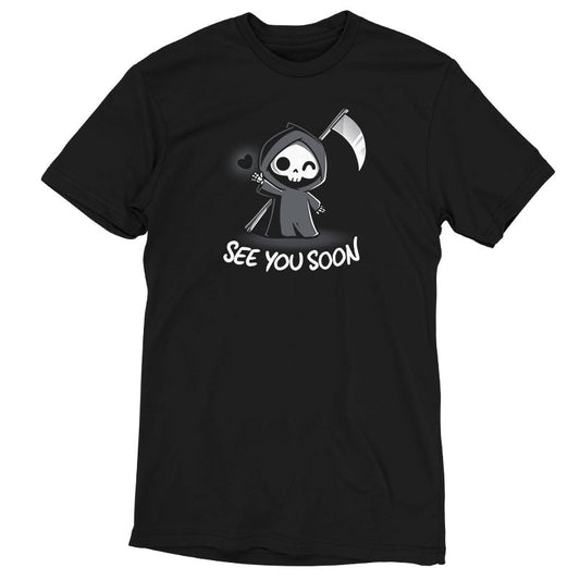 Premium Cotton T-shirt_TeeTurtle See You Soon black t-shirt featuring a spooky cartoon Grim Reaper holding a scythe, waving, and a floating black heart next to it, with the text below that says in dark humor 