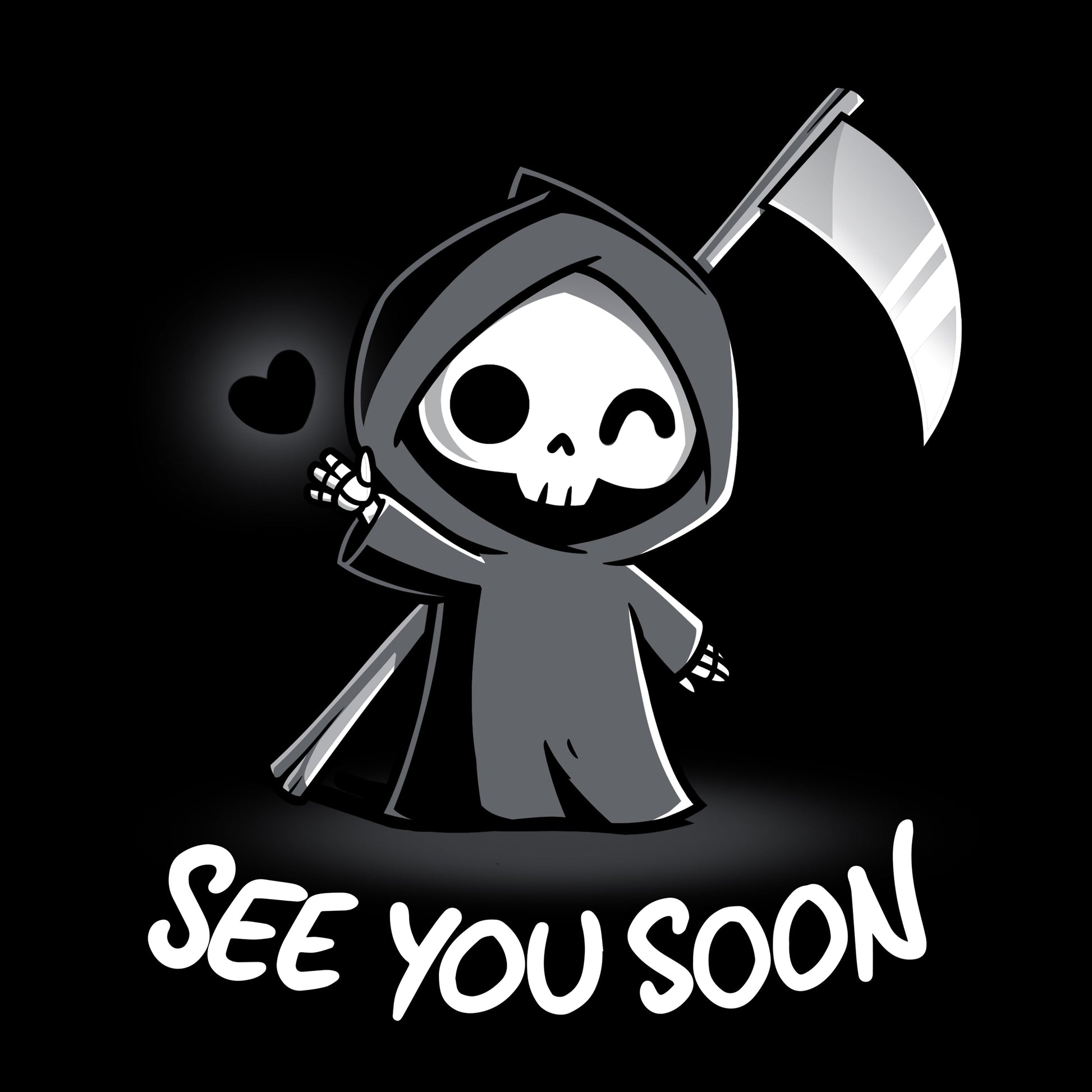 Premium Cotton T-shirt_TeeTurtle See You Soon black t-shirt featuring a spooky cartoon Grim Reaper holding a scythe, waving, and a floating black heart next to it, with the text below that says in dark humor "SEE YOU SOON". 