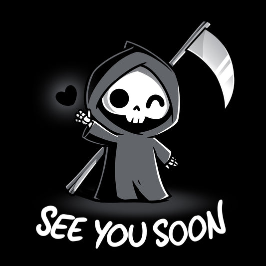 Premium Cotton T-shirt_TeeTurtle See You Soon black t-shirt featuring a spooky cartoon Grim Reaper holding a scythe, waving, and a floating black heart next to it, with the text below that says in dark humor 