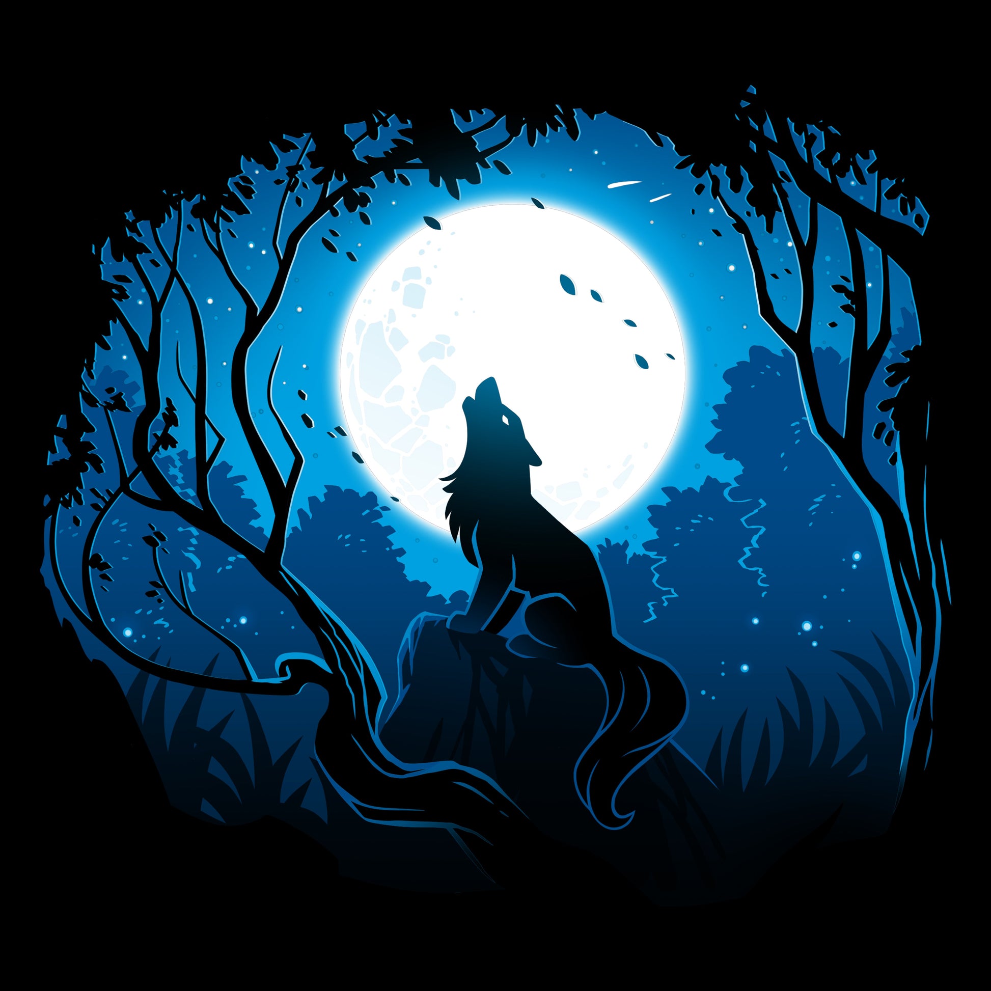 Premium Cotton T-shirt_TeeTurtle Moonlight Wolf black t-shirt featuring an artistic wolf howling at the full moon while sitting on a rock surrounded by trees.