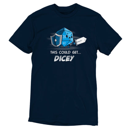 Premium Cotton T-shirt_Teeturtle This Could Get Dicey navy blue t-shirt featuring a blue anthropomorphic 20-sided dice holding a shield and sword. The text below reads, "This Could Get Dicey." 