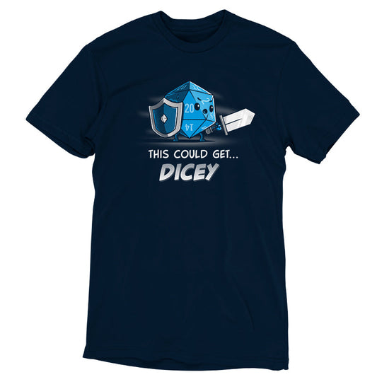 Premium Cotton T-shirt_Teeturtle This Could Get Dicey navy blue t-shirt featuring a blue anthropomorphic 20-sided dice holding a shield and sword. The text below reads, 