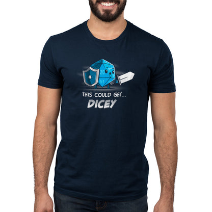 Premium Cotton T-shirt_Teeturtle This Could Get Dicey navy blue t-shirt featuring a blue anthropomorphic 20-sided dice holding a shield and sword. The text below reads, "This Could Get Dicey." 