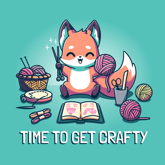 Premium Cotton T-shirt_TeeTurtle Time To Get Crafty Caribbean Blue t-shirt featuring an artistic happy fox holding yarn and crochet hooks surrounded by various crafting supplies.