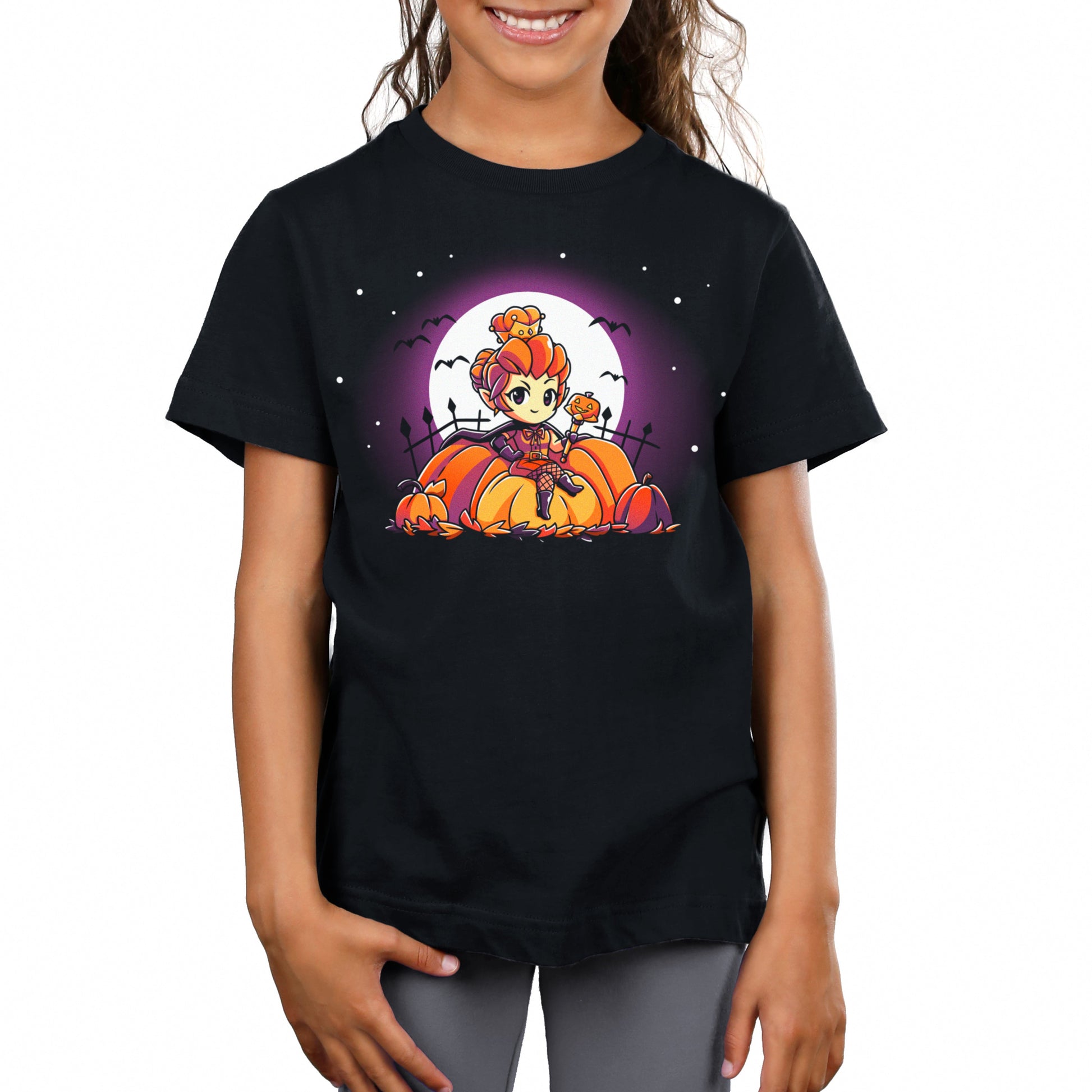 Premium Cotton T-shirt_TeeTurtle black Pumpkin Queen. Featuring a pumpkin queen sitting among giant pumpkins.