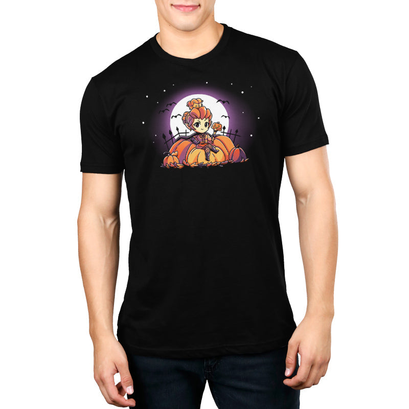 Premium Cotton T-shirt_TeeTurtle black Pumpkin Queen. Featuring a pumpkin queen sitting among giant pumpkins.