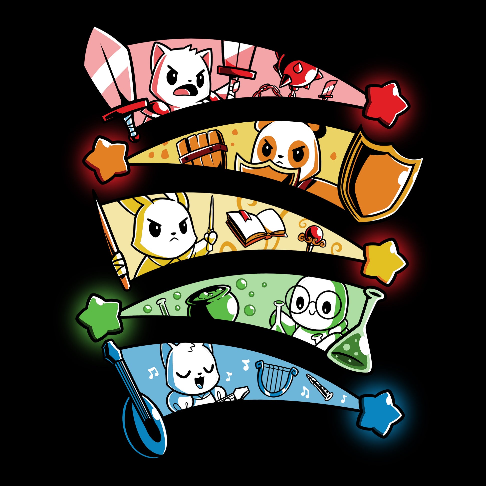 Premium Cotton T-shirt_Teeturtle Rainbow Party Animals black t-shirt featuring a cat, a panda, a bunny, a turtle and a squirrel, each of a different RPG class framed in the different rainbow-colored trails of a star against a black background.