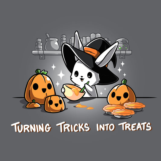 Premium Cotton T-shirt_TeeTurtle Turning Tricks Into Treats charcoal gray t-shirt featuring a cheerful bunny baking while wearing a witch's hat and surrounded by carved pumpkins and pumpkin pies.